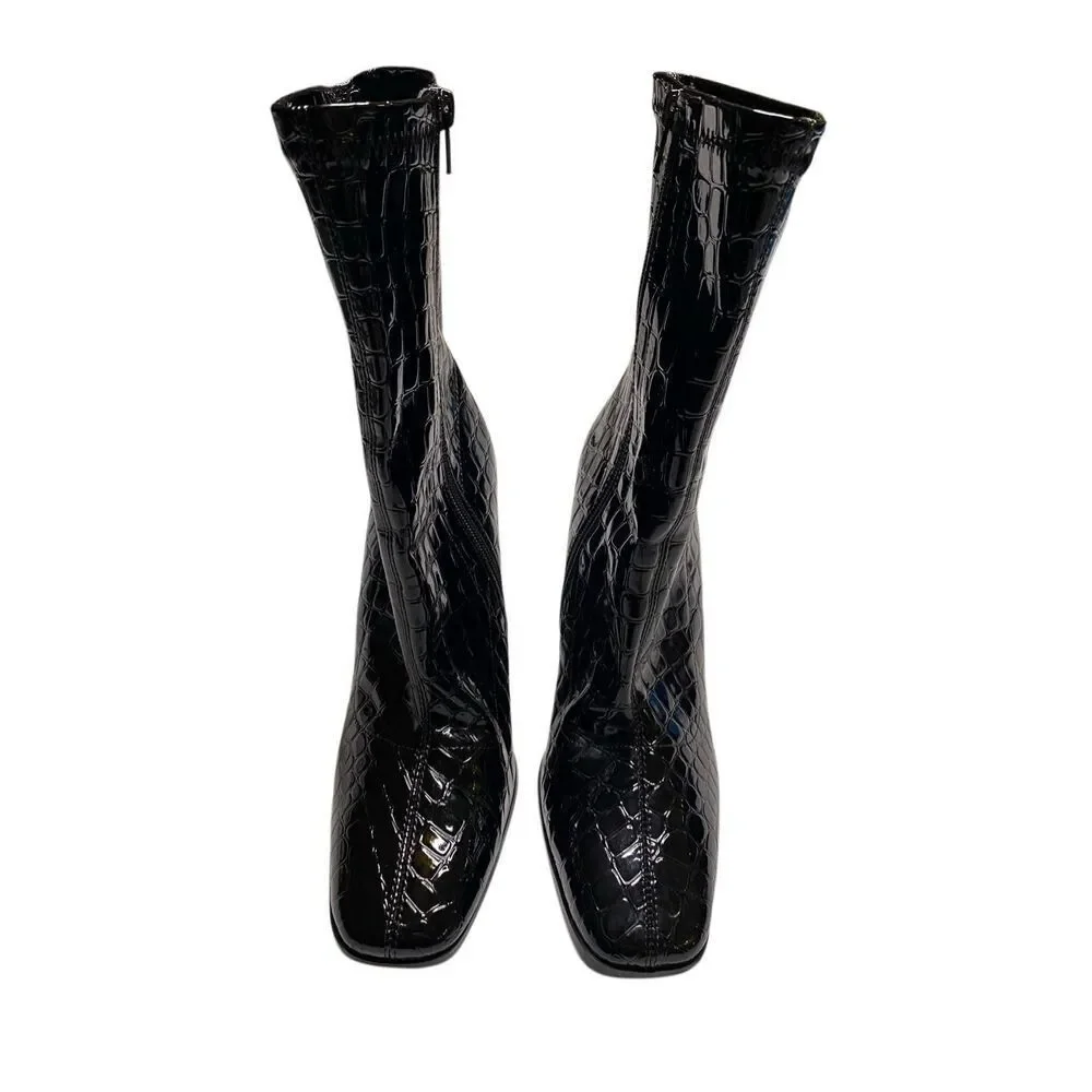 Black Croc Embossed Patent Stiletto Ankle Boots US9 Y2K Goth Grunge Clubwear